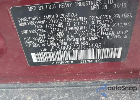 2010 Subaru Forester 2.5X из США, поврежденный, VIN JF2SH6BC4AH909598